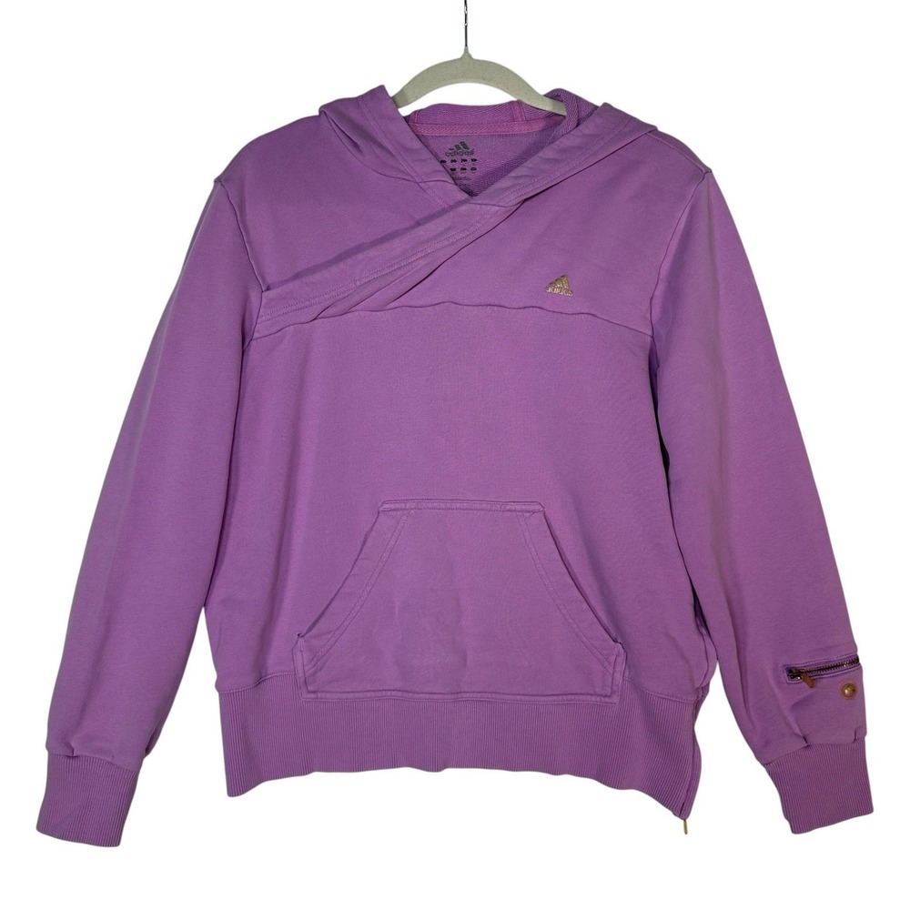 Adidas Purple Crossover Neck Hoodie Women's L Gold Logo Sleeve Pocket Athleisure